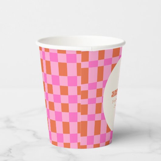 Abstract Checker Roze Sinaasappel Custom 21st Verj Papieren Bekers (Rechts)