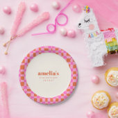 Abstract Checker Roze Sinaasappel Custom 21st Verj Papieren Bordje (Feest)