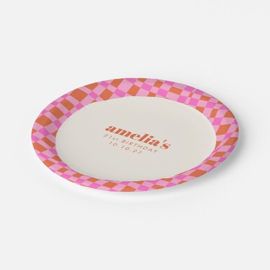 Abstract Checker Roze Sinaasappel Custom 21st Verj Papieren Bordje (Gekanteld)