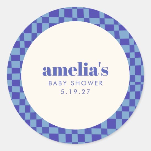 Abstract Checkerboard Blauw Aangepast Baby shower Ronde Sticker (Voorkant)