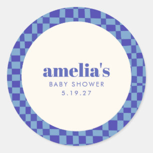 Abstract Checkerboard Blauw Aangepast Baby shower Ronde Sticker