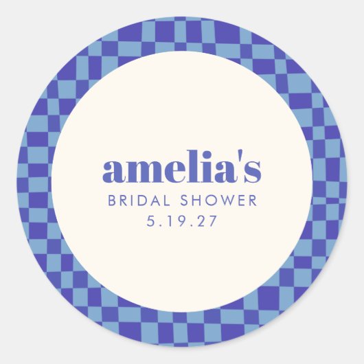 Abstract Checkerboard Blauw Aangepaste Bruidsfeest Ronde Sticker (Voorkant)