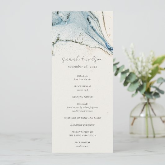 Abstract Chic Blue Gold Bachy Wedding Program Kaart (Staand voorkant)