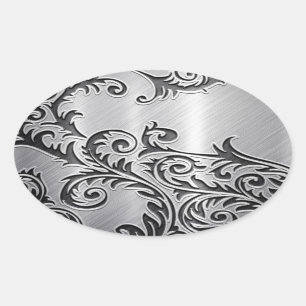 abstract chroomzilver metallisch bloempatroon ovale sticker