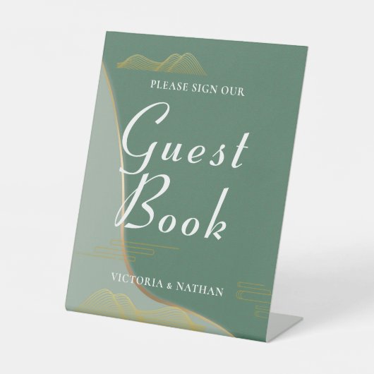 Abstract Cloud Pattern Gold Line Guestbook Reclamebord Met Voetstuk (Voorkant)