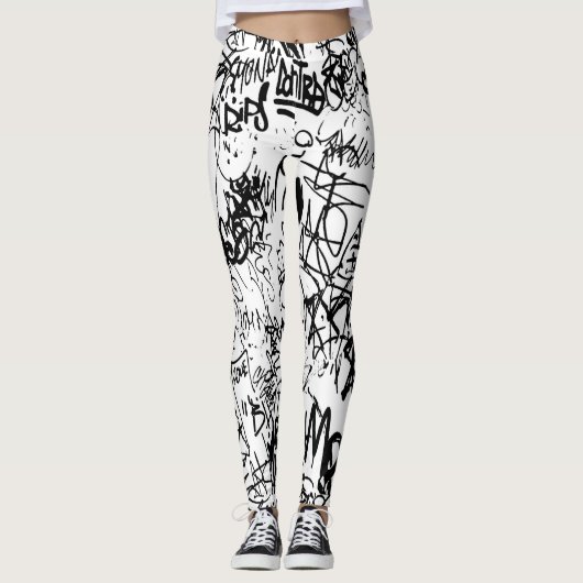 Abstract collage zwarte en witte graffiti leggings (Voorkant)