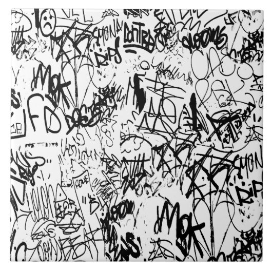 Abstract collage zwarte en witte graffiti tegeltje (Voorkant)