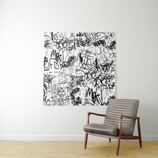 Abstract collage zwarte en witte graffiti wandkleed (In situ)