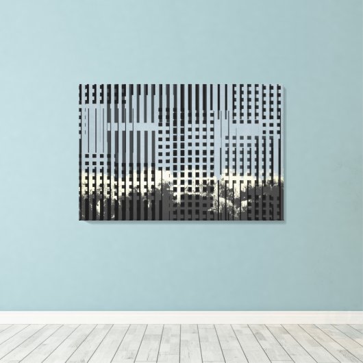 Abstract crème, Blauwgroen en zwart Stripe patroon Canvas Afdruk (Insitu (Houten vloer))