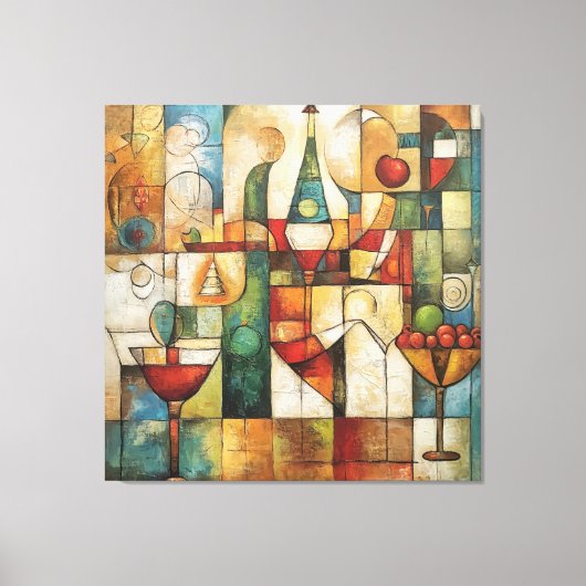 Abstract Cubist Modern Wine & Fruit Still Life Canvas Afdruk (Voorkant)