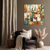 Abstract Cubist Modern Wine & Fruit Still Life Canvas Afdruk