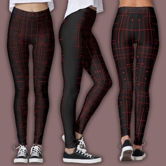 Abstract Cyber Pattern | Black & Crimson Circuit  Leggings