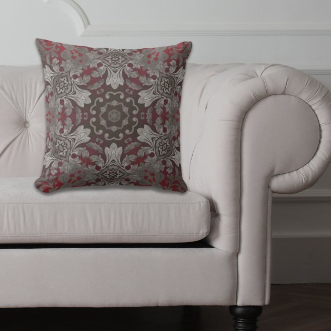  abstract damast patroon zilver burgandy buitenkussen (vintage abstract damask pattern silver burgandy outdoor pillow)