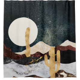 Abstract Desert Night Sky with Golden Cactus Douchegordijn