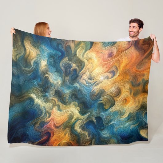 Abstract Design Blauw Goud Roze Fleece Deken (In situ)