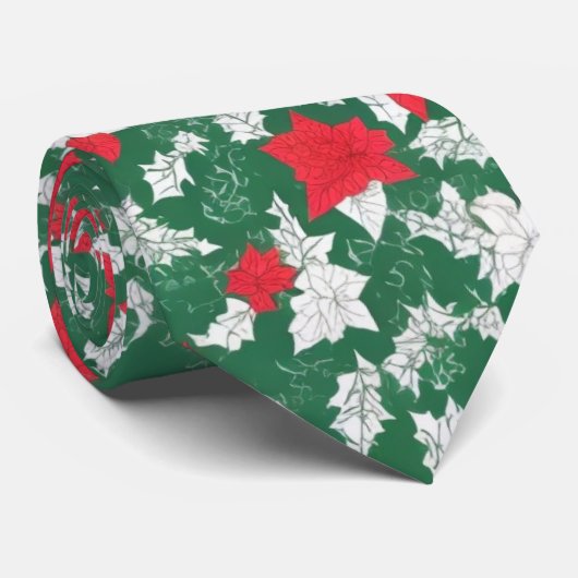 Abstract design of poinsettia and Christmas roses Stropdas (Opgerold)