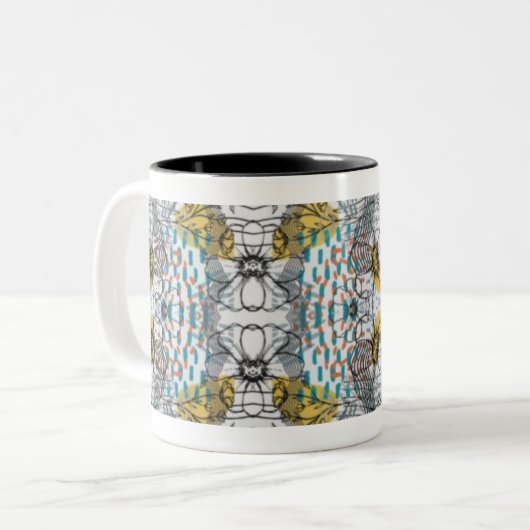 Abstract design with flowers and bees mug theme  tweekleurige koffiemok (Voorkant links)