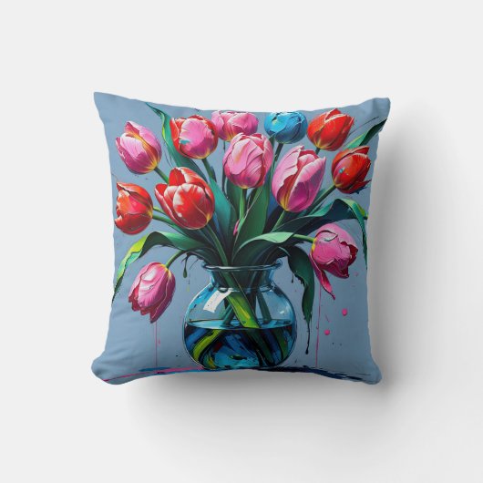 Abstract Digital Painting – Colorful Tulip Bouquet Kussen (Voorkant)