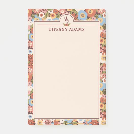 Abstract Ditsy Bloemen Retro Monogram Naam Post-it® Notes (Voorkant)