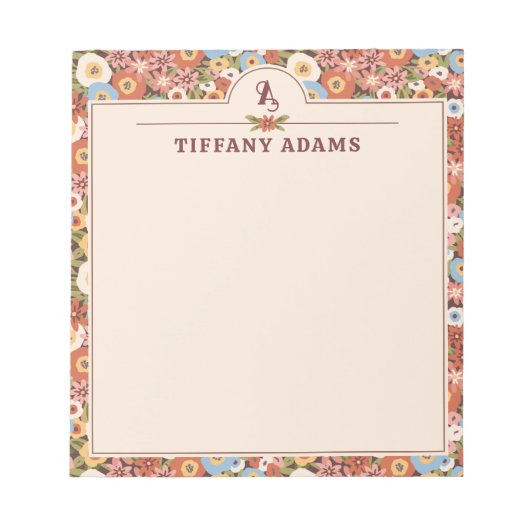 Abstract Ditsy Bloemen Retro Monogram Notitieblok (Voorkant)