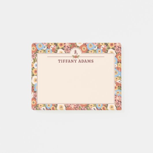 Abstract Ditsy Bloemen Retro Monogram Post-it® Notes (Voorkant)