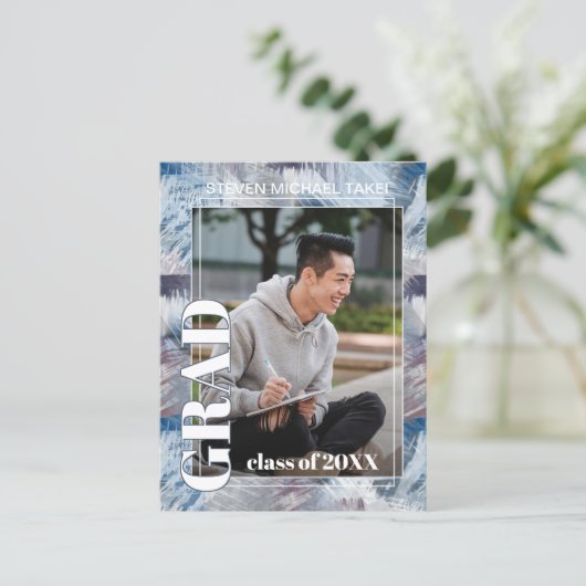 Abstract donkerblauw grijs Afstuderen Aankondiging Briefkaart (Staand voorkant)