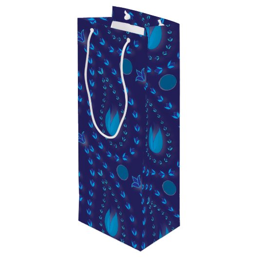 Abstract donkerblauw Paisley Tulip Floral patroon Wijn Cadeautas (Achterkant Gekanteld)