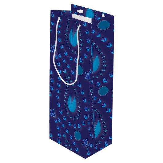 Abstract donkerblauw Paisley Tulip Floral patroon Wijn Cadeautas (Voorkant Gekanteld)