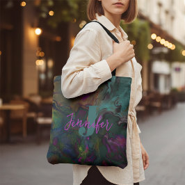 Abstract donkerkleurige naam vloeibare verf & mono tote bag