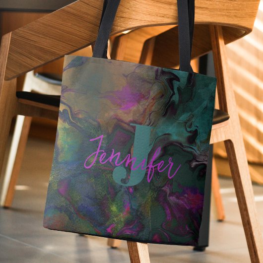 Abstract donkerkleurige naam vloeibare verf & mono tote bag