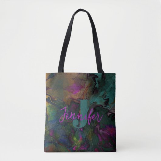 Abstract donkerkleurige naam vloeibare verf & mono tote bag (Voorkant)