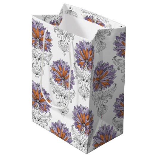 Abstract Doodle Art Style Flowers Purple Orange Medium Cadeauzakje (Voorkant Gekanteld)