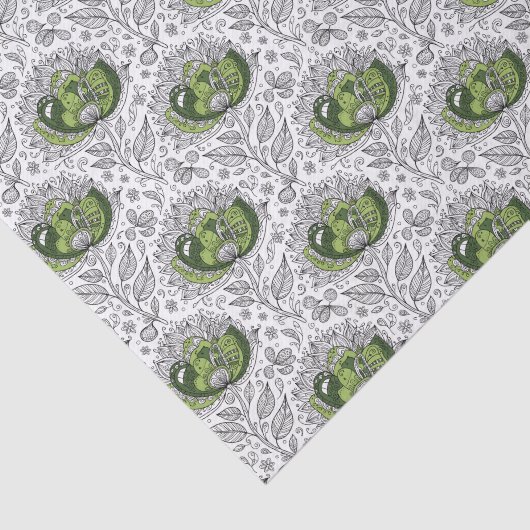 Abstract Doodle Art Style Flowers Shades of Green Tissuepapier (Detail)