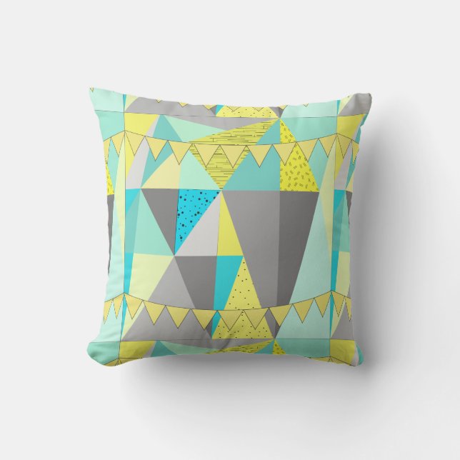 Abstract driehoekspatroon met Aqua Yellow Grey Kussen (Voorkant)