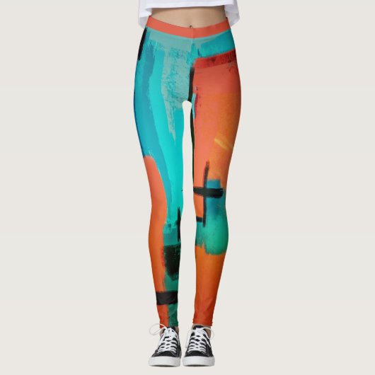 Abstract Dynamisch Oranje Groen Blauw Zwart Leggings (Voorkant)