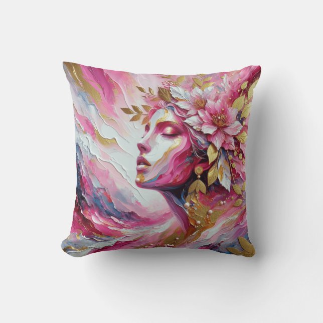 Abstract Elegant vrouw gezicht roze bladeren Kussen (Voorkant)
