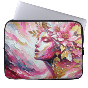 Abstract Elegant vrouw gezicht roze bladeren Laptop Sleeve