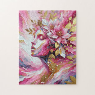 Abstract Elegant vrouw gezicht roze bladeren Legpuzzel