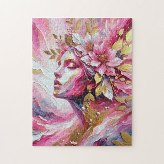 Abstract Elegant vrouw gezicht roze bladeren Legpuzzel (Verticaal)