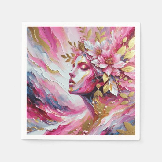 Abstract Elegant vrouw gezicht roze bladeren Servet (Voorkant)