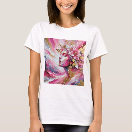 Abstract Elegant vrouw gezicht roze bladeren T-shirt (Voorkant)