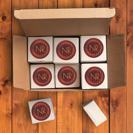 Abstract Elegante Mannelijke Rode Gele Monogram Ronde Sticker