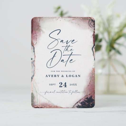 Abstract Etheral Burgundy & Navy Blue Wedding Save The Date (Staand voorkant)