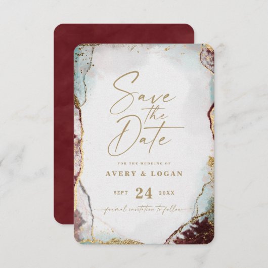 Abstract Etheral Wine Red & Gold Winter Weddenscha Save The Date (Voorkant / Achterkant)