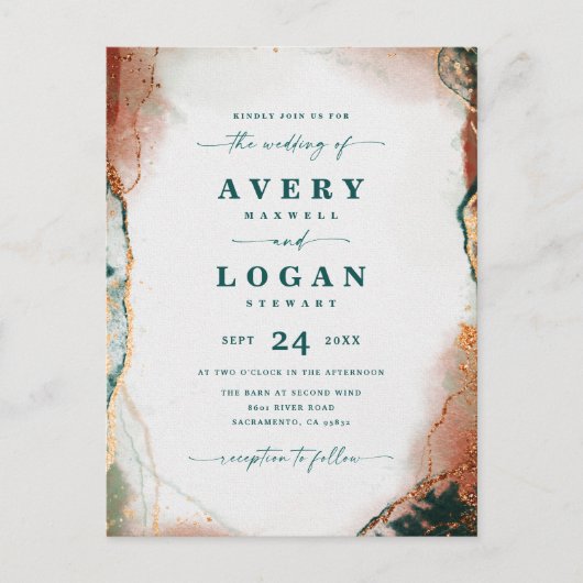 Abstract Ethereal Turquoise & Koperen Trouw Uitnod Aankondigingskaart (Voorkant)