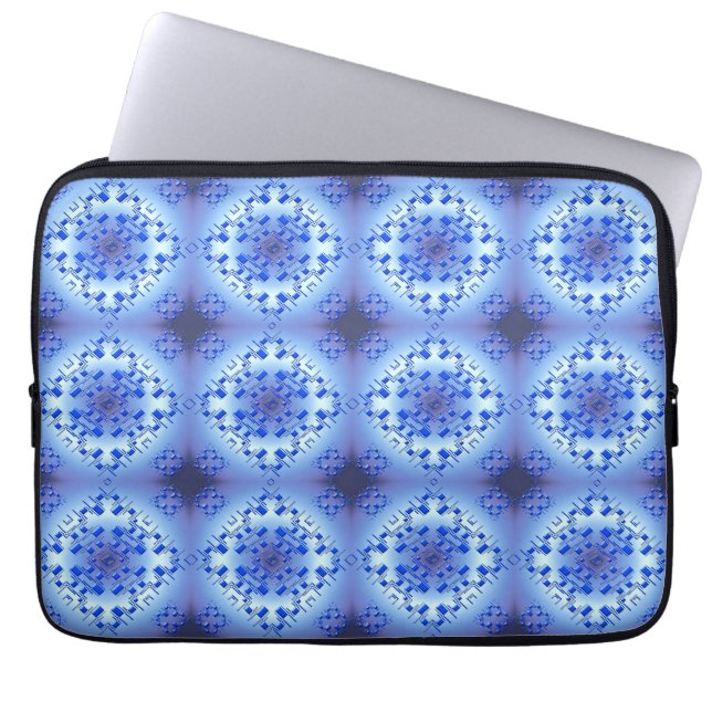 Abstract etnisch geometrisch blauw patroon laptop sleeve (Voorkant)