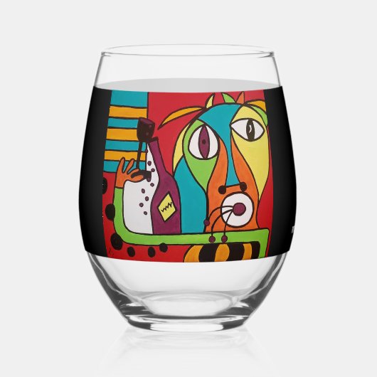 Abstract Face with Wine Stemless Wine Glass Wijnglas Zonder Voet (Voorkant)