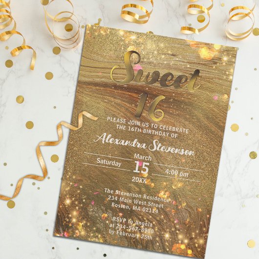 Abstract Fancy - chic Trendy Gold Glitter Sweet 16 Kaart