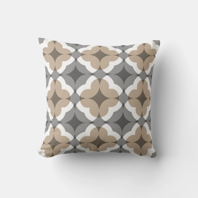Abstract Floral Clover Patroon in Tan en Grey Kussen (Voorkant)