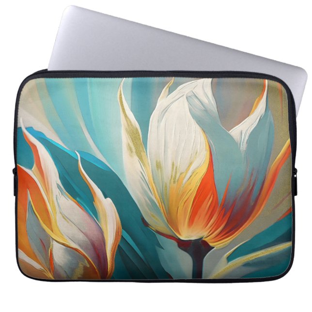 Abstract Floral Glow in Teal and Orange Laptop Sleeve (Voorkant)